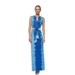 Rulon Reed Maxi Dress M Blue Green Pineapple Hibiscus Belt Beach Resort